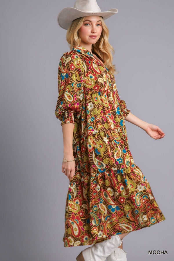 Gabby Paisley Print Satin Tiered Midi Dress – VELVET KRUSH