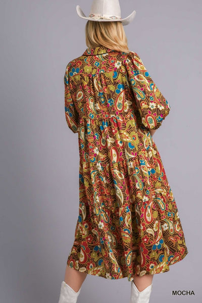 Gabby Paisley Print Satin Tiered Midi Dress