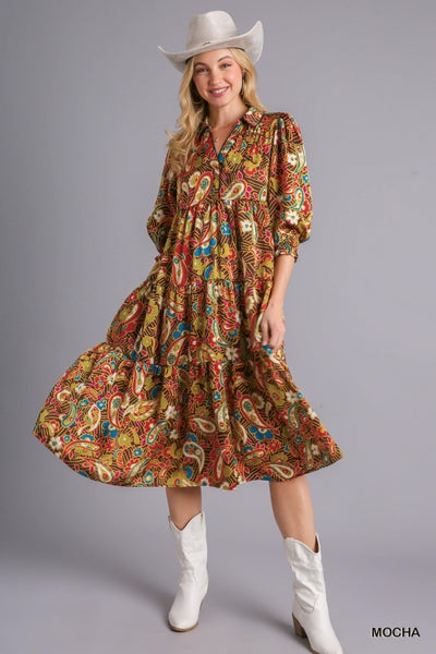 Gabby Paisley Print Satin Tiered Midi Dress