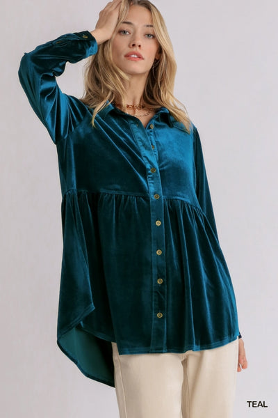 Sarah Velvet High Low Hem Tunic Top - Teal