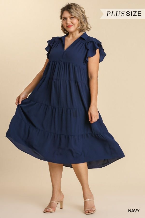 Navi Navy Short Ruffle Sleeve Tiered Midi Plus Dress