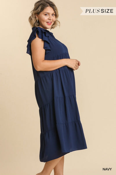 Navi Navy Short Ruffle Sleeve Tiered Midi Plus Dress